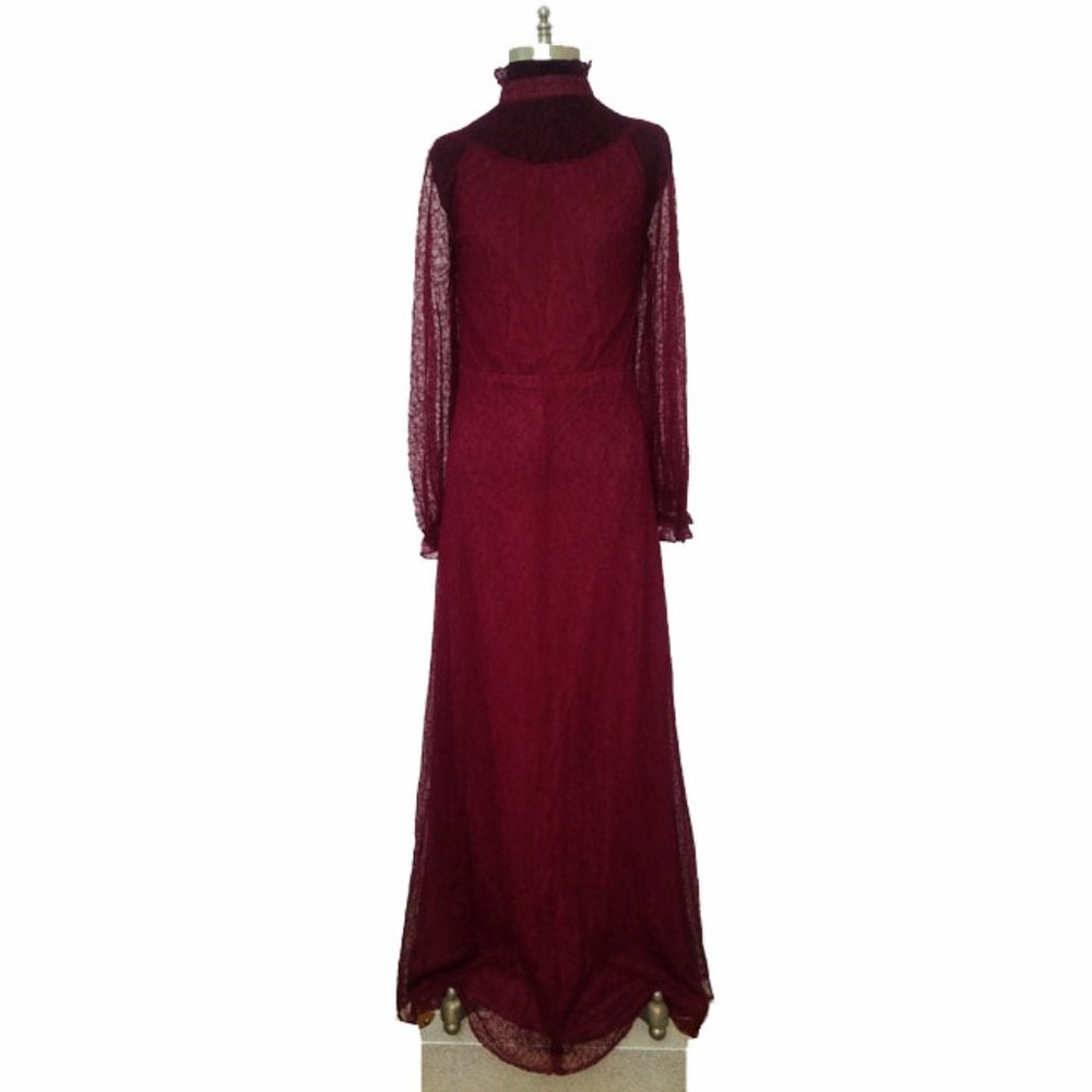 Vtg 70s Burgundy Sheer Lace Lined Maxi Dress 9-10